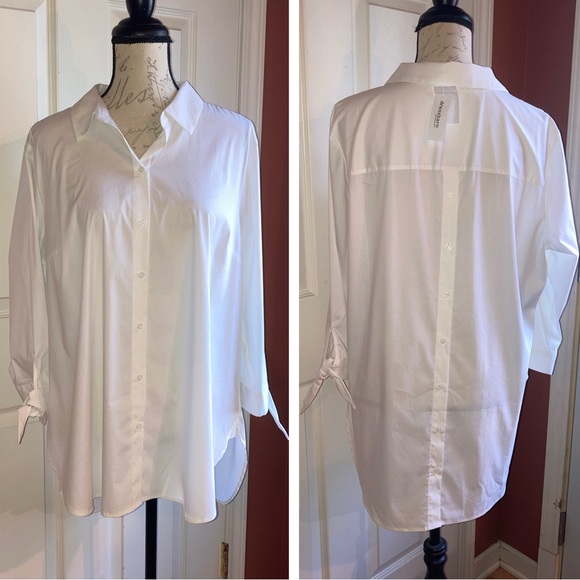 NWT Collared Button Down Backside Buttons 3/4 Sleeve Tie Shirt White Roz & Ali - Picture 1 of 7
